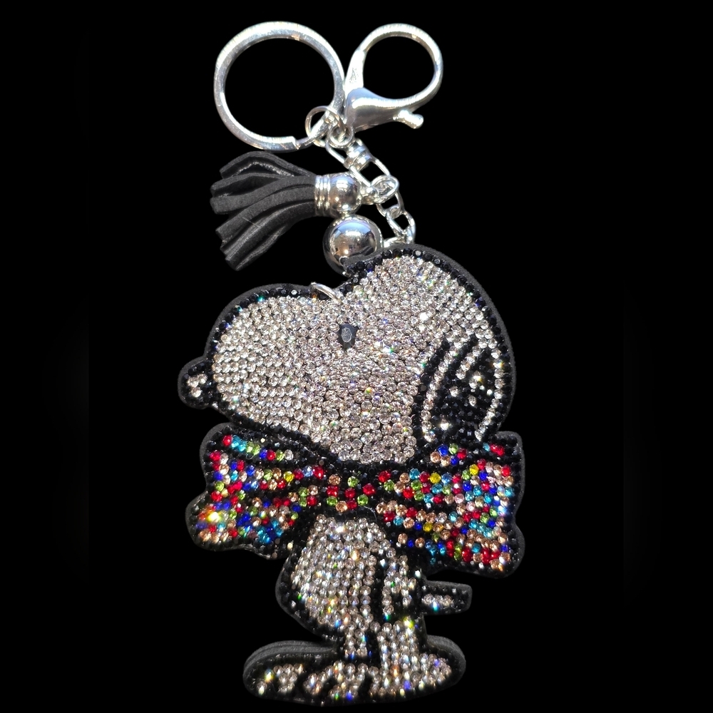 Rhinestone Snoopy Bag Charm Keychain with Colorful Bow